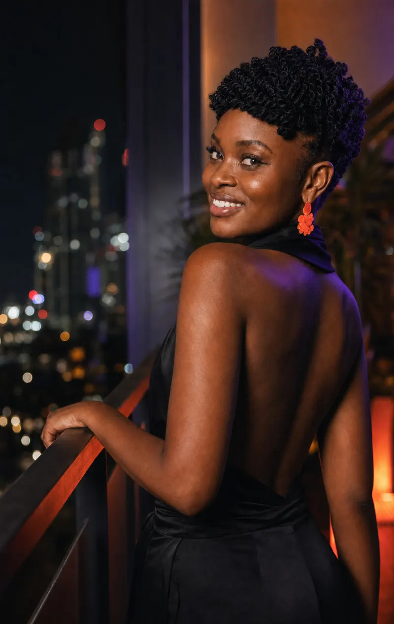 A guest on a Nairobi rooftop at night, the city lights behind her